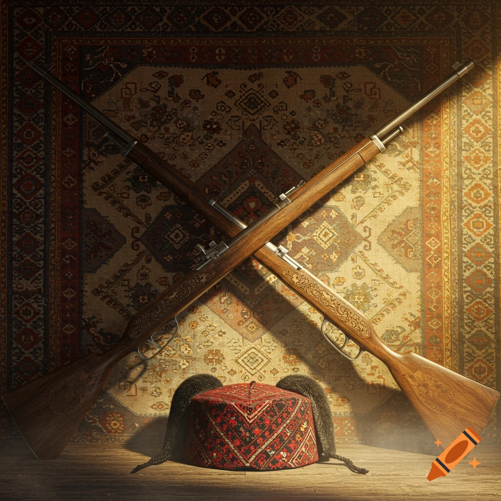 Two ornately carved rifles crossed over a patterned Qashqai hat on a Persian rug, photorealistic.
