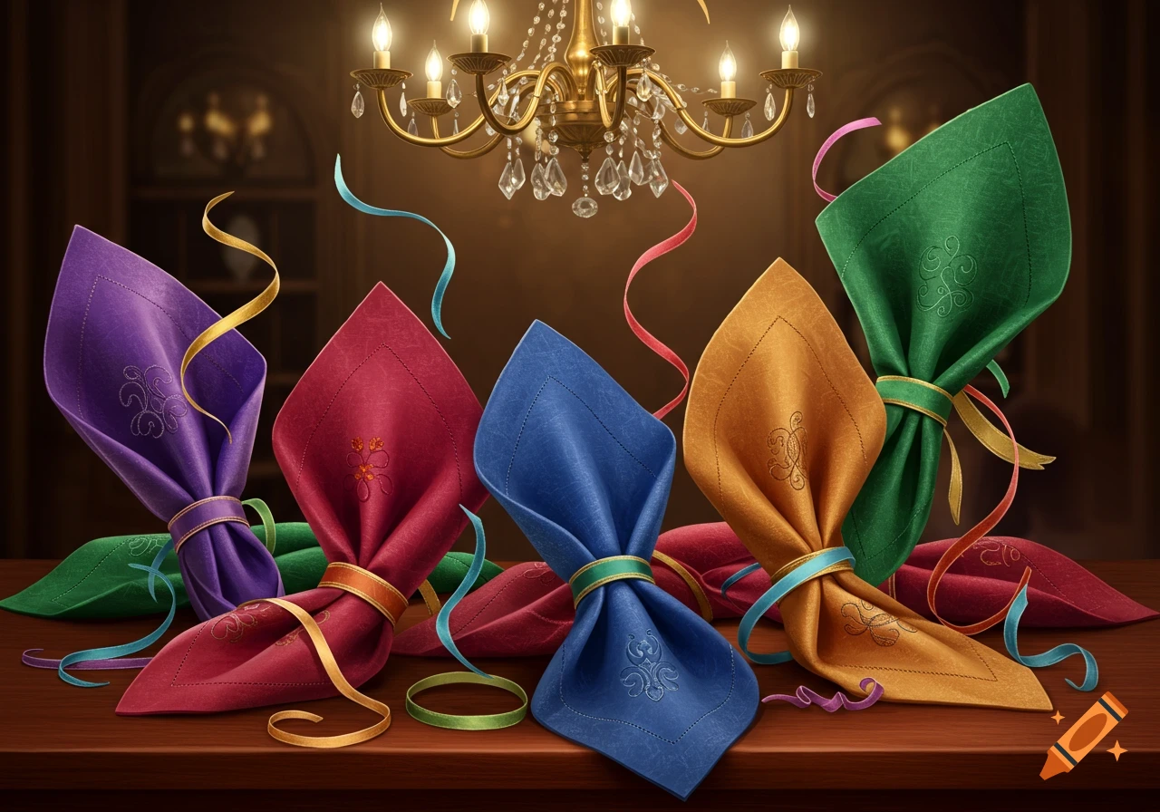 Five colorful, folded napkins adorned with ribbons on a wooden table under a chandelier in an elegant setting.