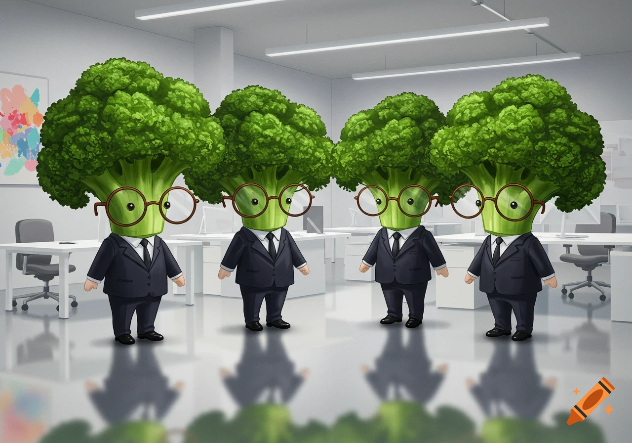 Four cute chibi broccoli businessmen wearing suits and round glasses stand in a modern office.