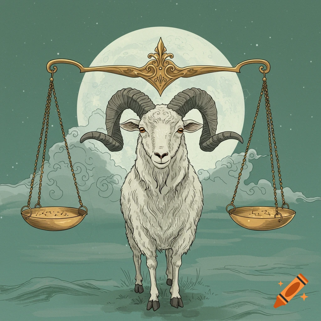 An illustrative white ram with large horns stands before a full moon, balancing golden Libra scales on its head.