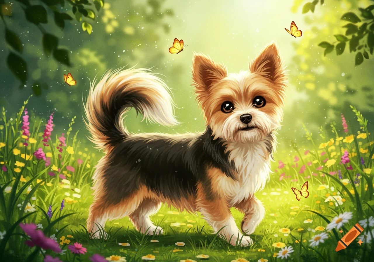 A fluffy tricolored puppy walks through a vibrant green meadow with colorful flowers and golden butterflies, in a bright, illustrative style.