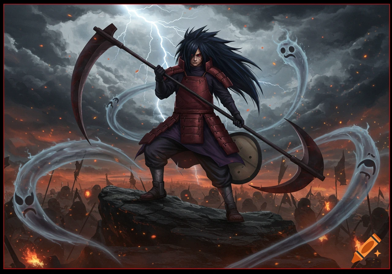 Madara Uchiha stands on a rock, holding a large scythe, on a fiery battlefield under a lightning storm with ghostly figures.