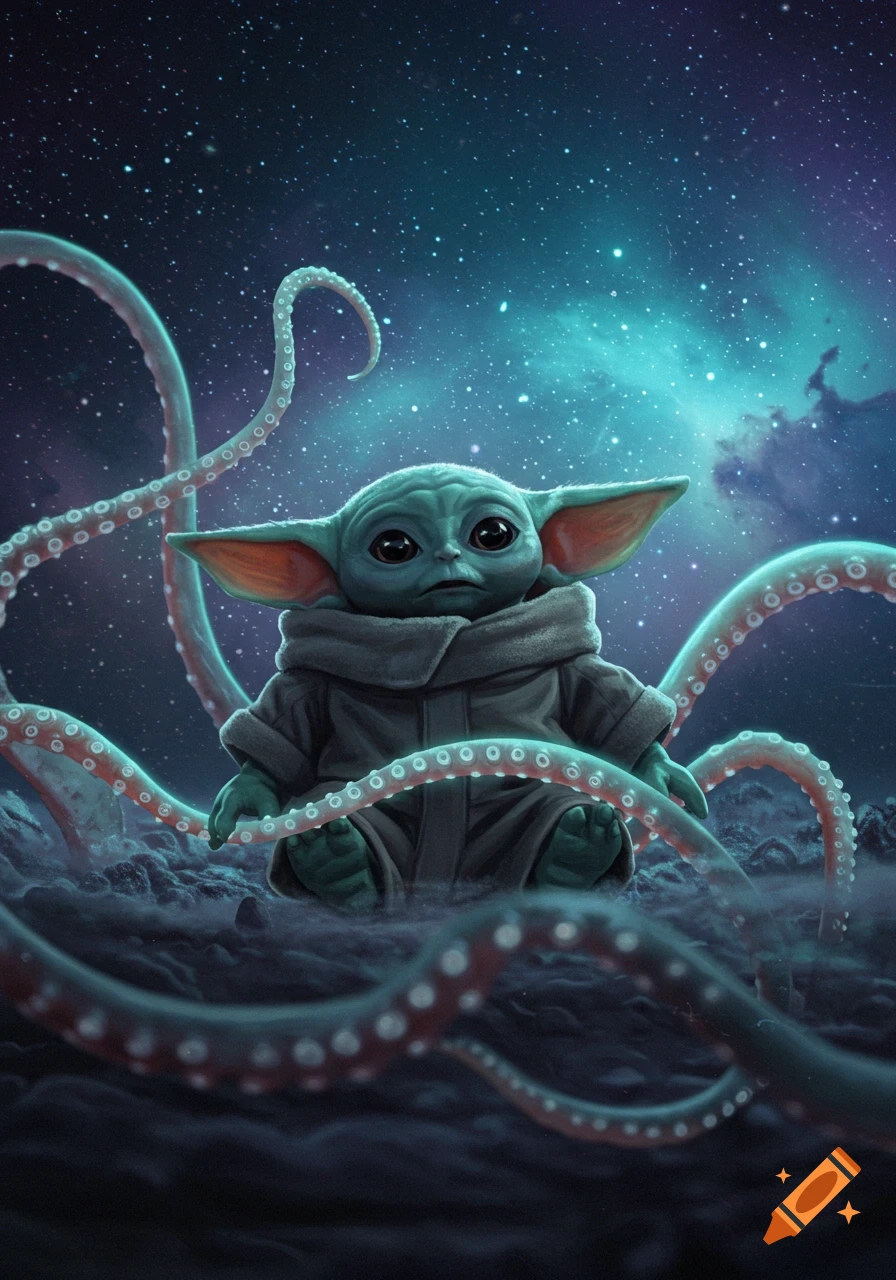 Baby Yoda sits amidst glowing red tentacles under a vibrant blue and purple starry night sky.