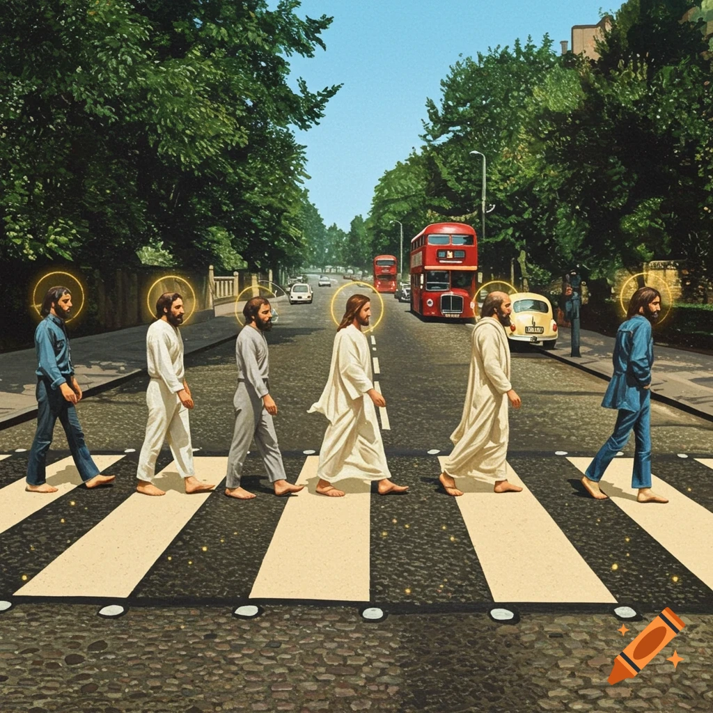 Jesus and his disciples with halos, walking across a zebra crossing on a tree-lined street with a red bus, in an illustrated style.
