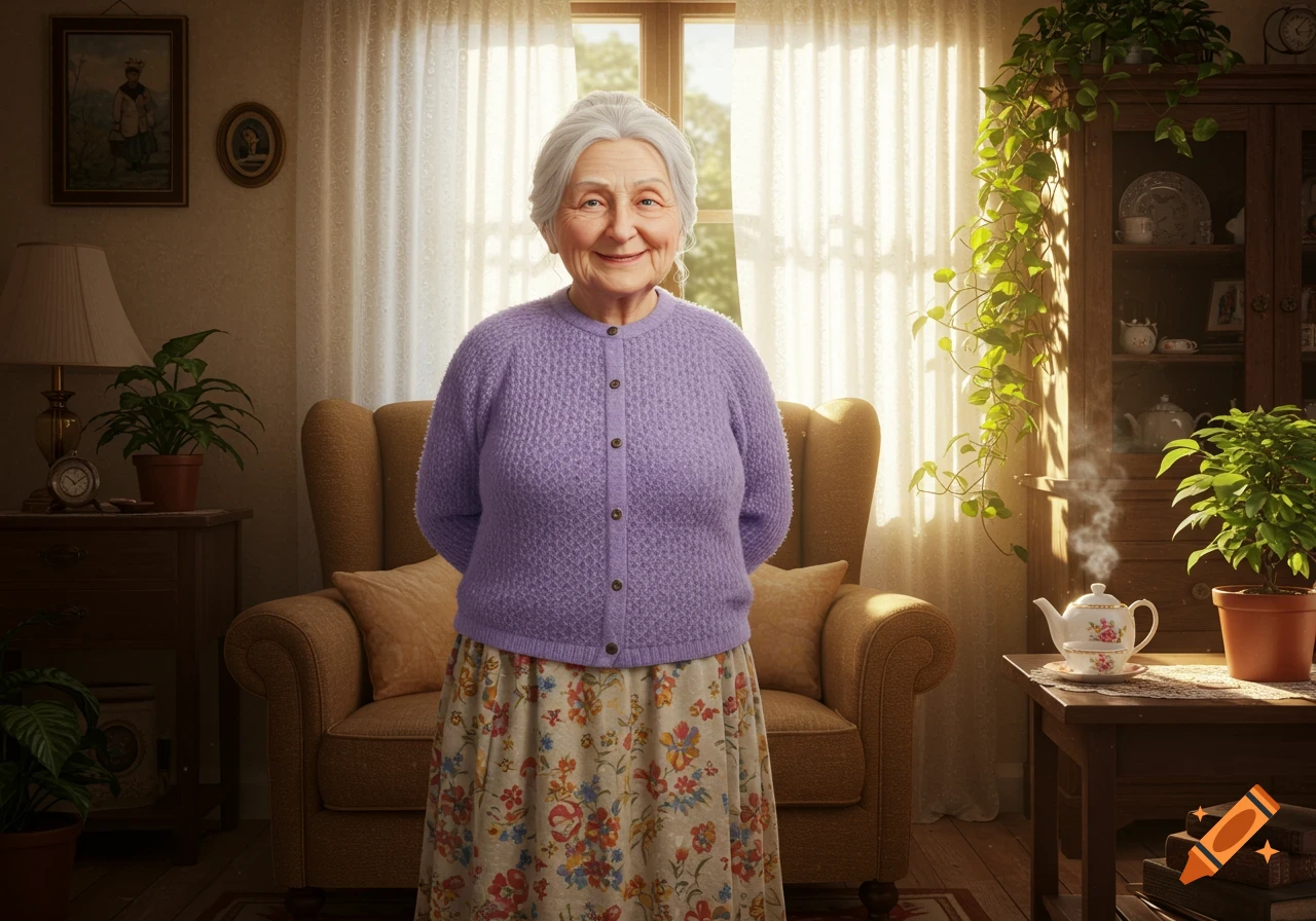 Photorealistic portrait of a smiling elderly woman in a purple cardigan and floral skirt, standing in a cozy, sunlit living room.