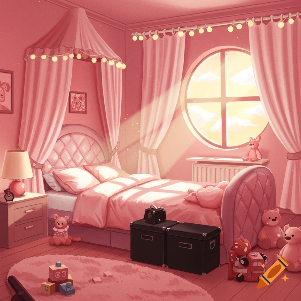 A cute, pink illustrated bedroom with a canopy bed, a round window, a rug, stuffed animals, toy blocks, and black storage boxes.