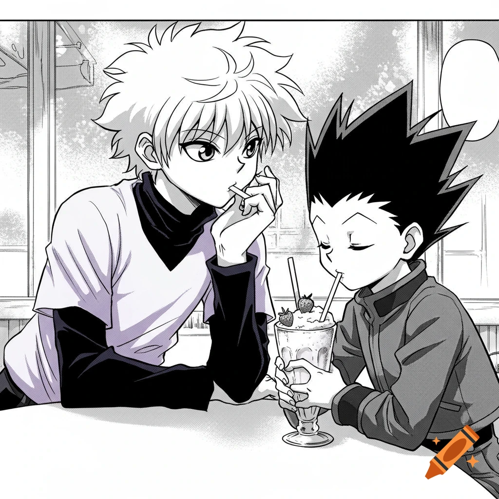 Two young male anime characters, Killua and Gon, sit at a table in a black and white manga style. Gon drinks a milkshake while Killua watches.