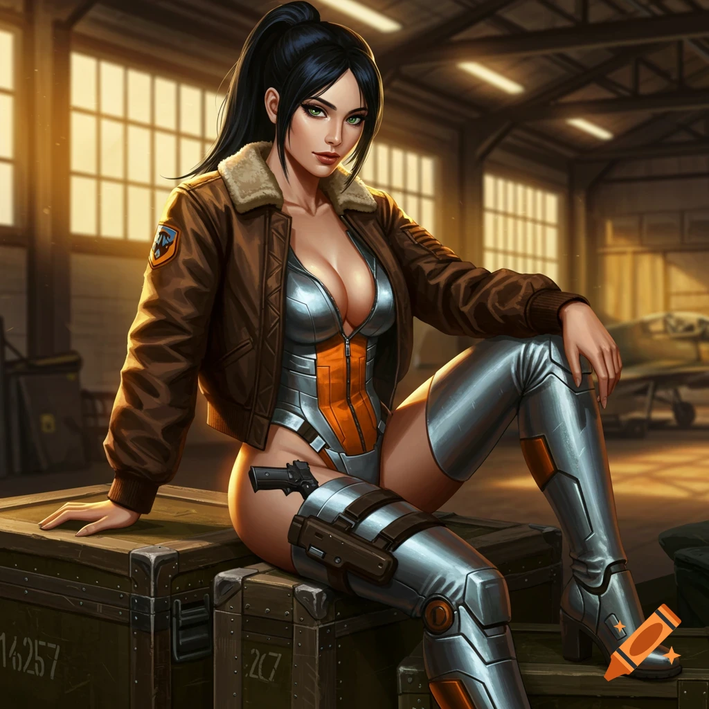 A green-eyed woman with black hair in a ponytail, wearing an unzipped silver and orange flight suit and brown bomber jacket, sits on crates with a gun on her thigh. Stylized art.