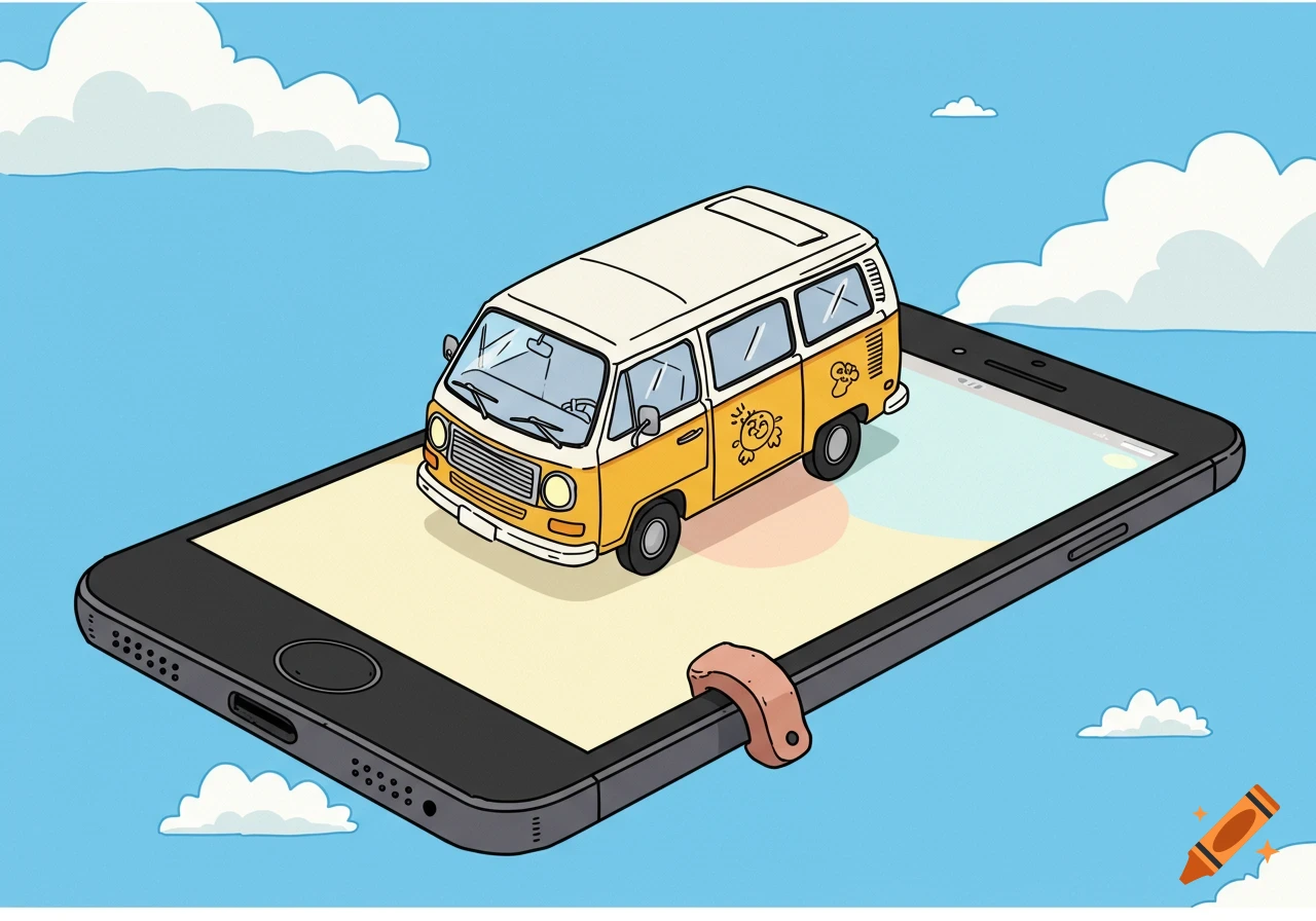 Cartoon yellow and white van sitting on a smartphone, floating in a blue sky with clouds.