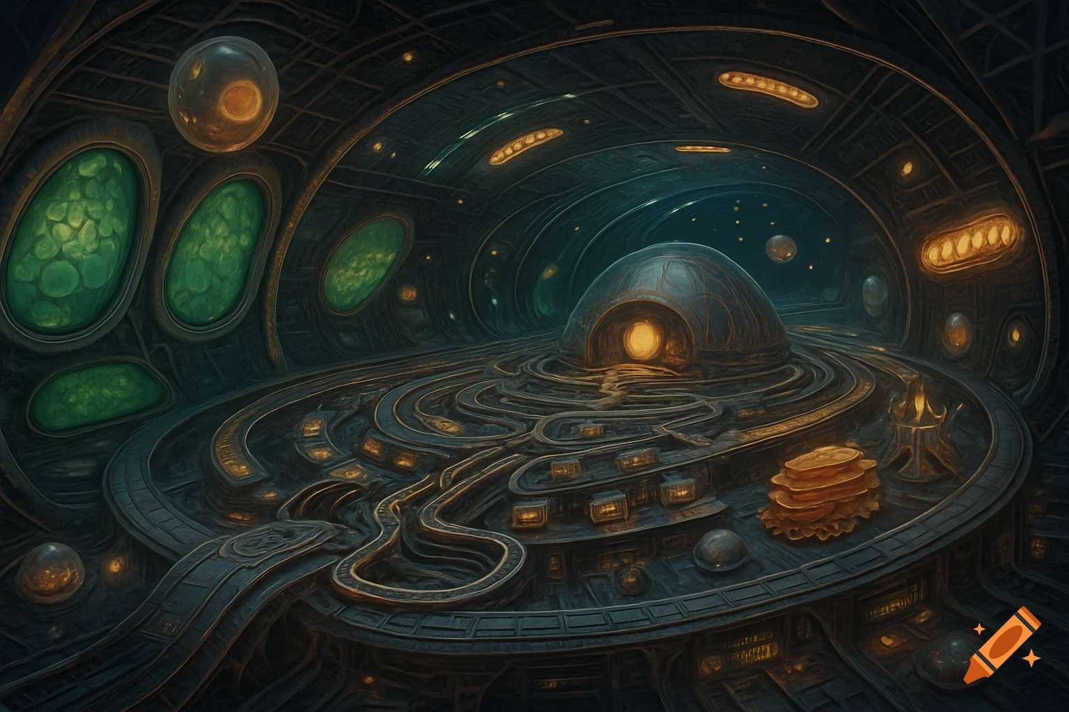 A dark, futuristic interior resembling a spaceship or complex biological structure with glowing green liquid pods and golden-lit metallic pathways.