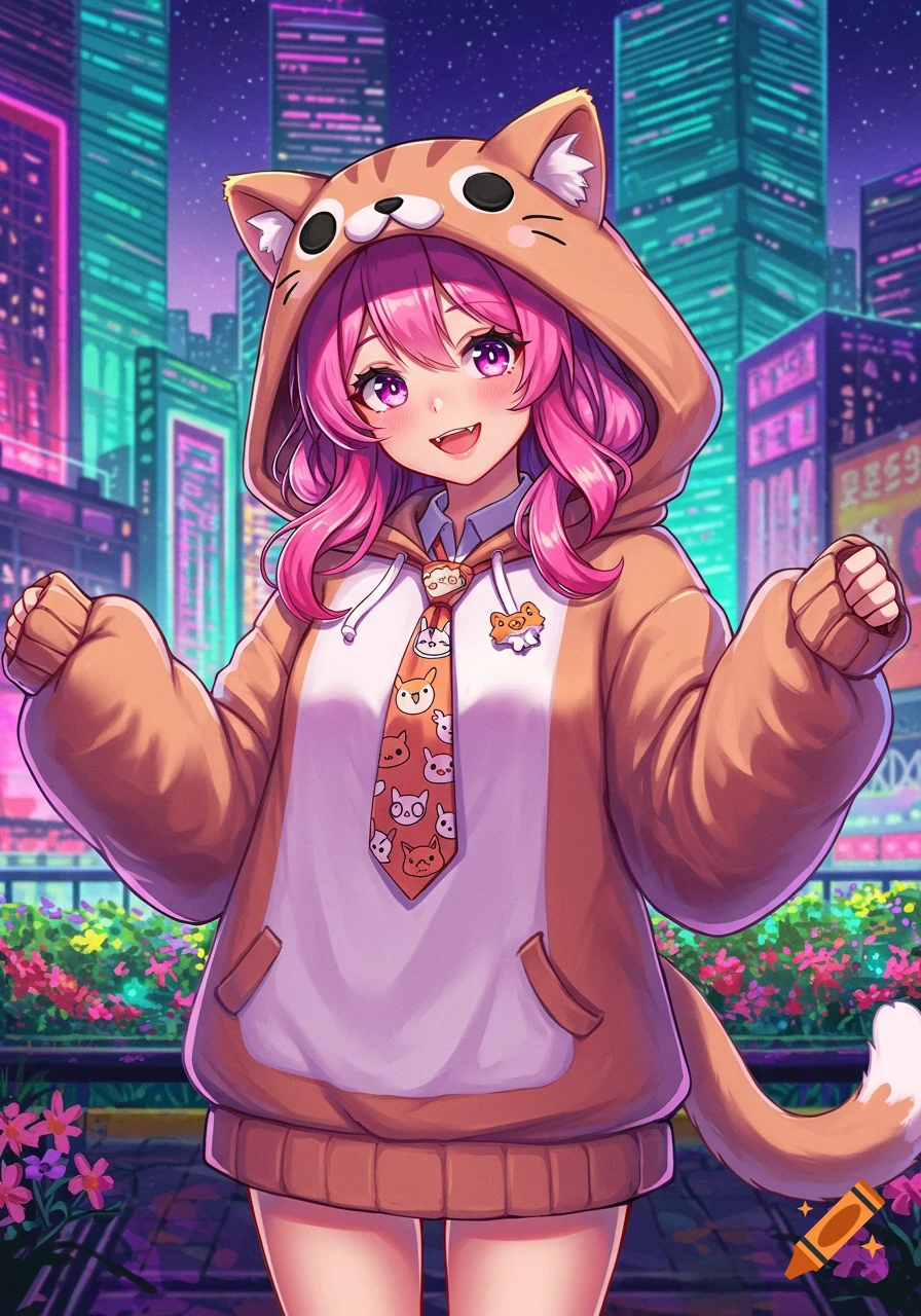 Vibrant anime art of a pink-haired girl in a cat hoodie and tie, smiling in a neon-lit city at night.