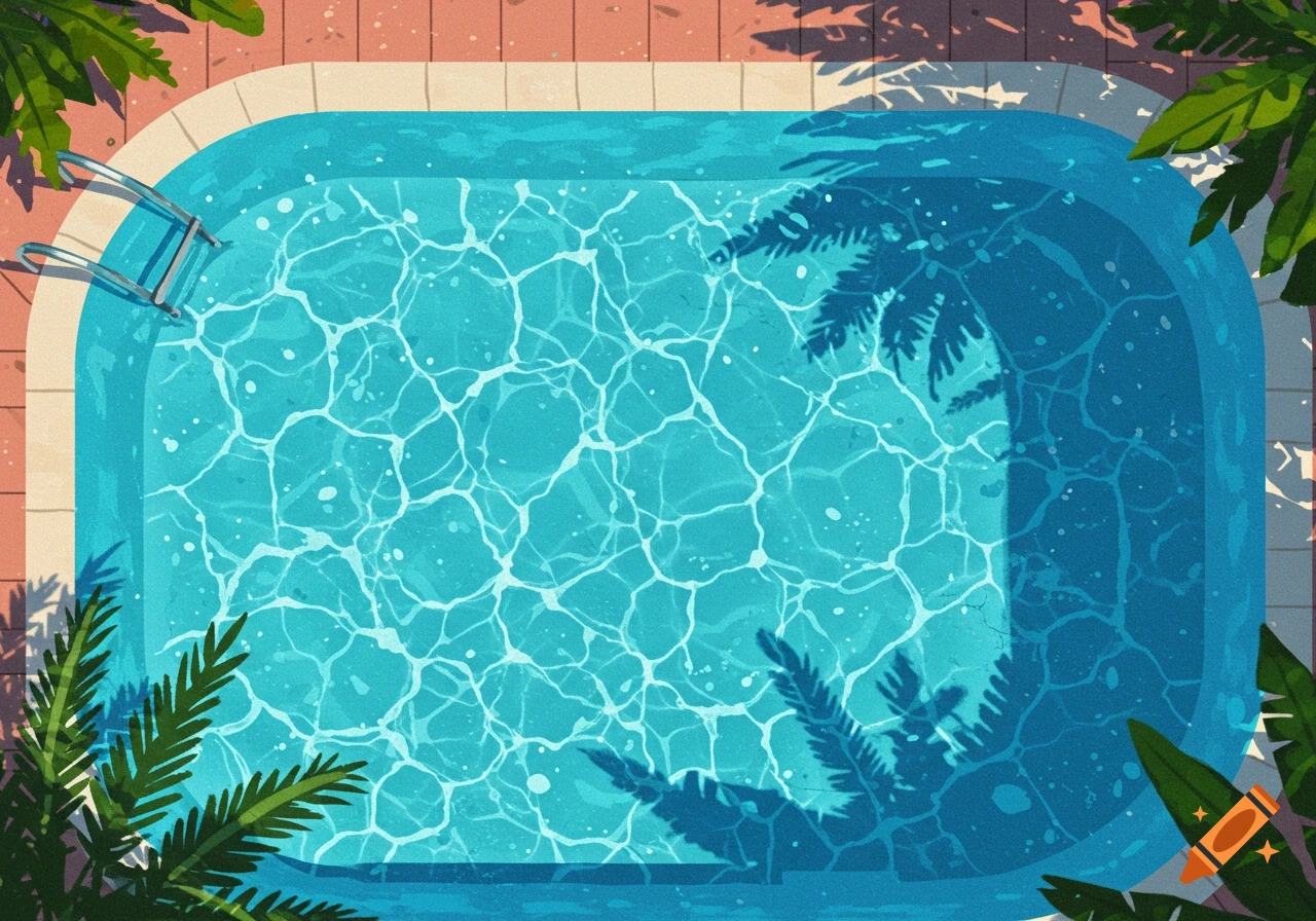 Top-down illustration of a vibrant blue swimming pool with water ripples and palm tree shadows.