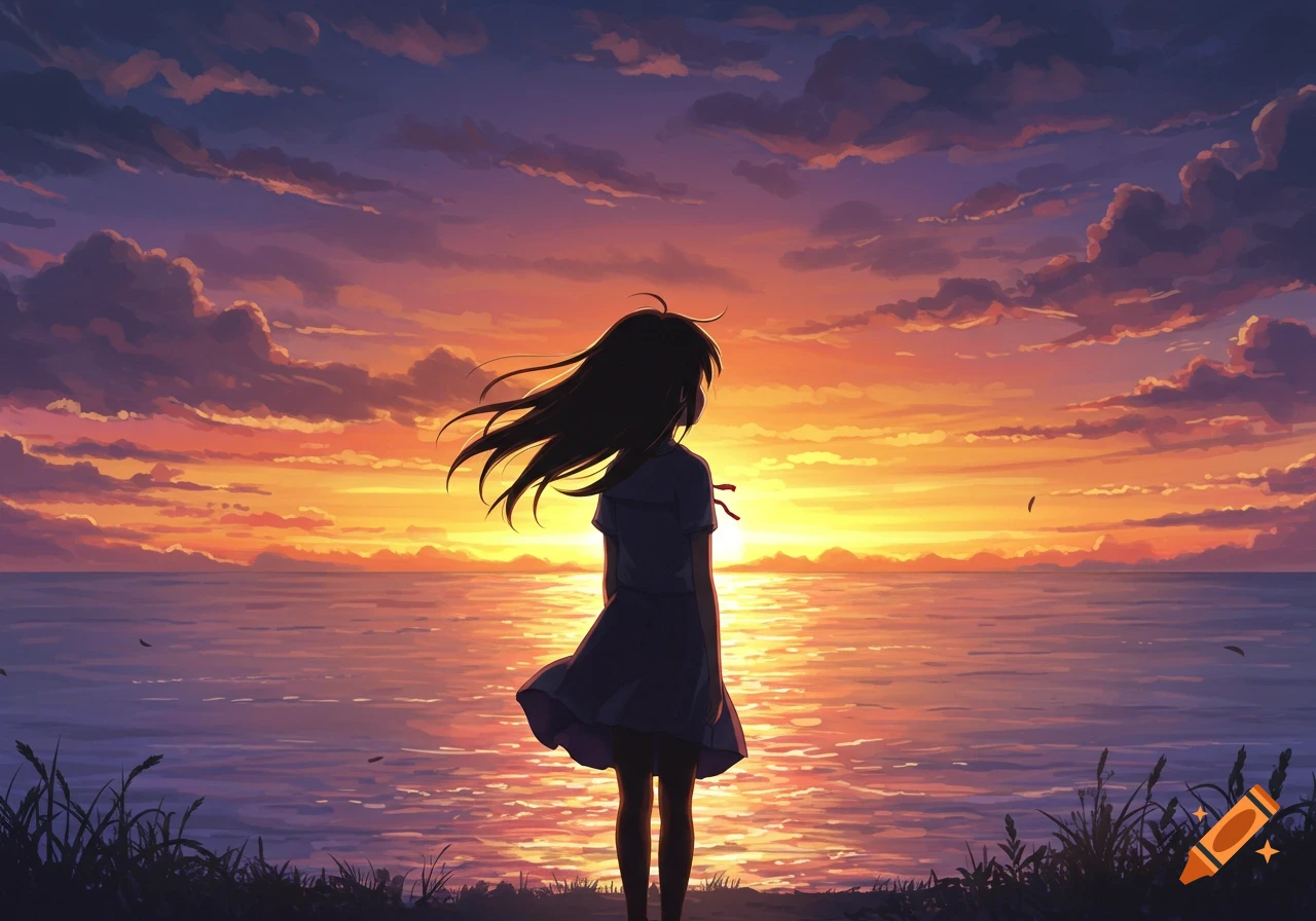 An anime girl with long dark hair stands on a grassy shore, looking out at a vibrant orange and purple sunset over the ocean.