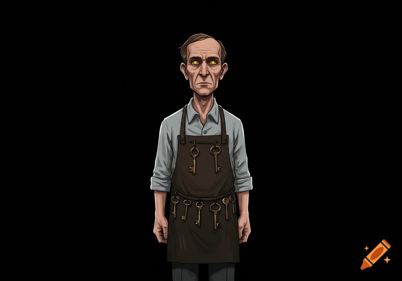 Stylized illustration of an old man with yellow eyes and a key-covered apron, standing in a black void.