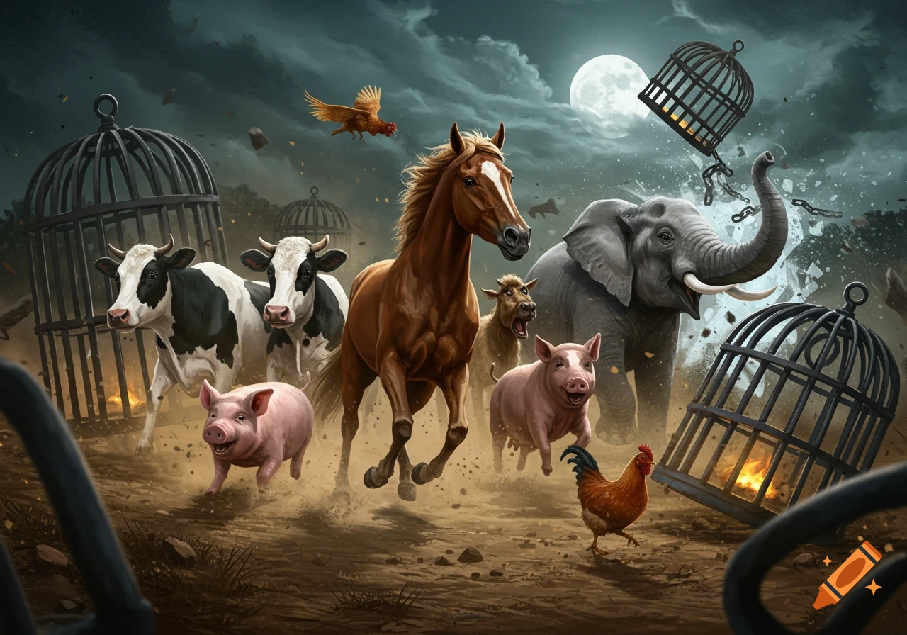 A horse, cows, pigs, chickens, and an elephant escape broken cages under a stormy full moon, digital art.