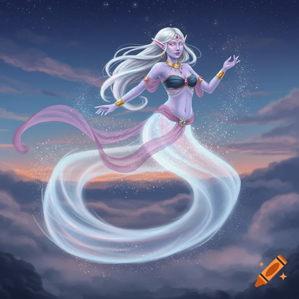 An ethereal female genie with long white hair, purple skin, and a translucent, sparkling tail floats amidst clouds in a starry sky.