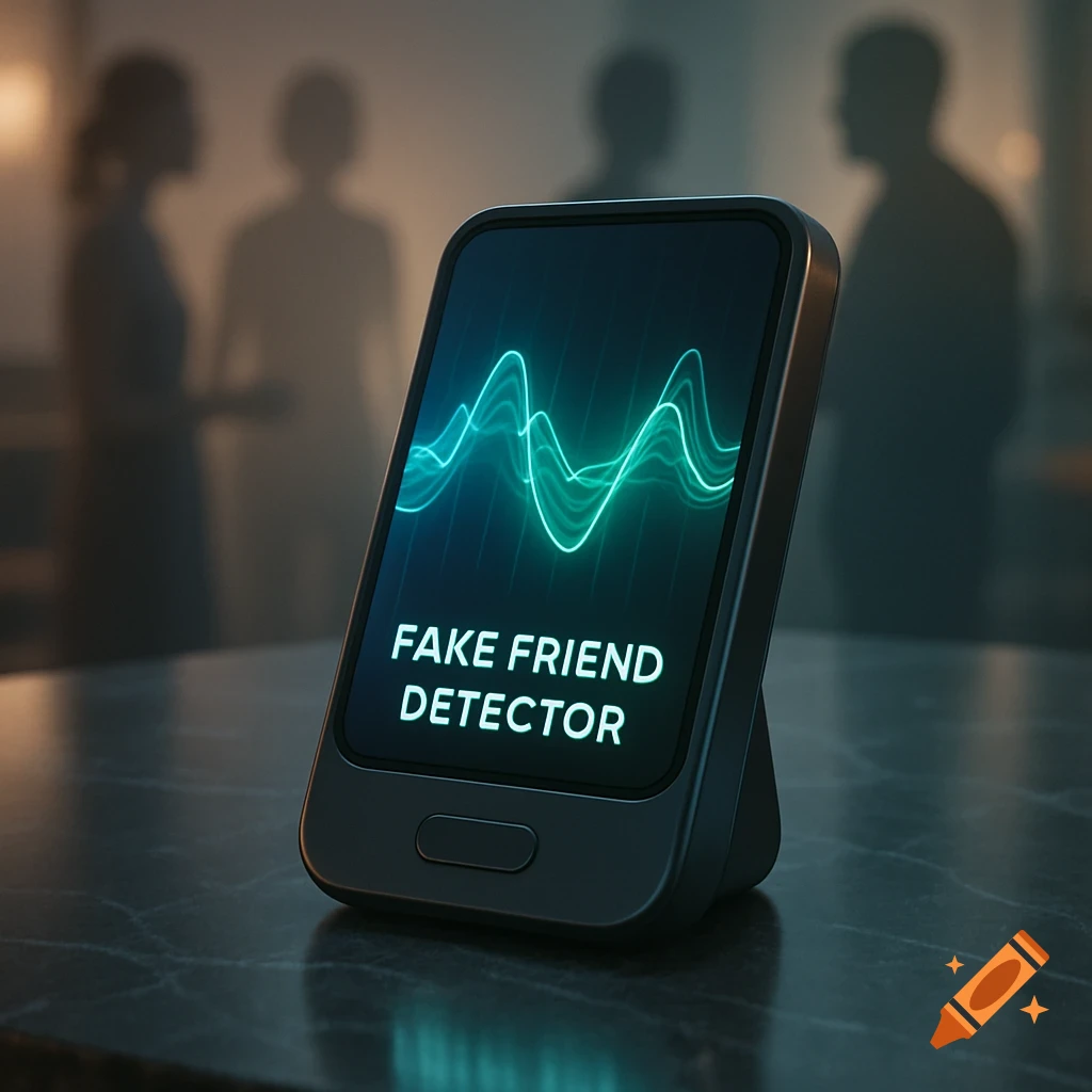 A sleek, dark 'Fake Friend Detector' device with a glowing green waveform on its screen, set against a blurred background of people.