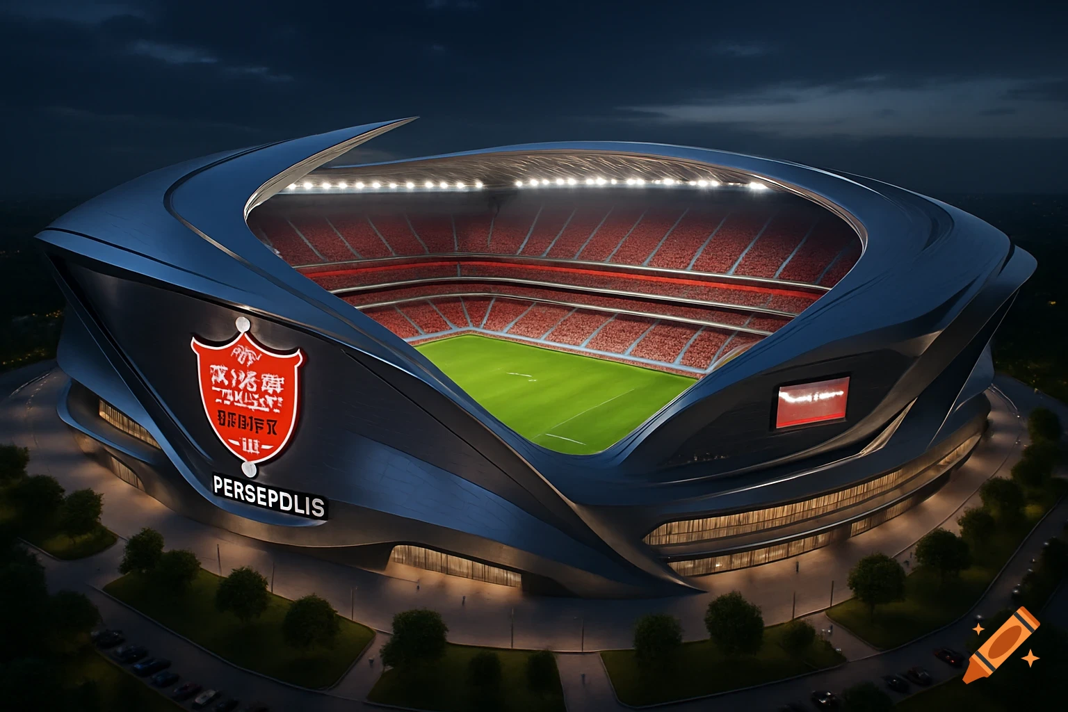 Aerial view of a futuristic football stadium with red seats and a prominent Persepolis logo at night.