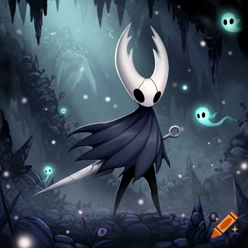 The Knight from Hollow Knight stands with a nail in a glowing cavern with floating spirit creatures, digital illustration.