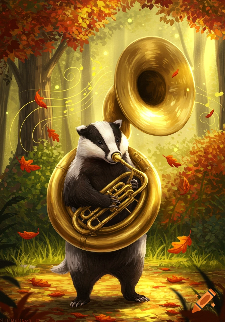A whimsical illustration of a badger playing a large gold sousaphone in an autumn forest with falling orange leaves.
