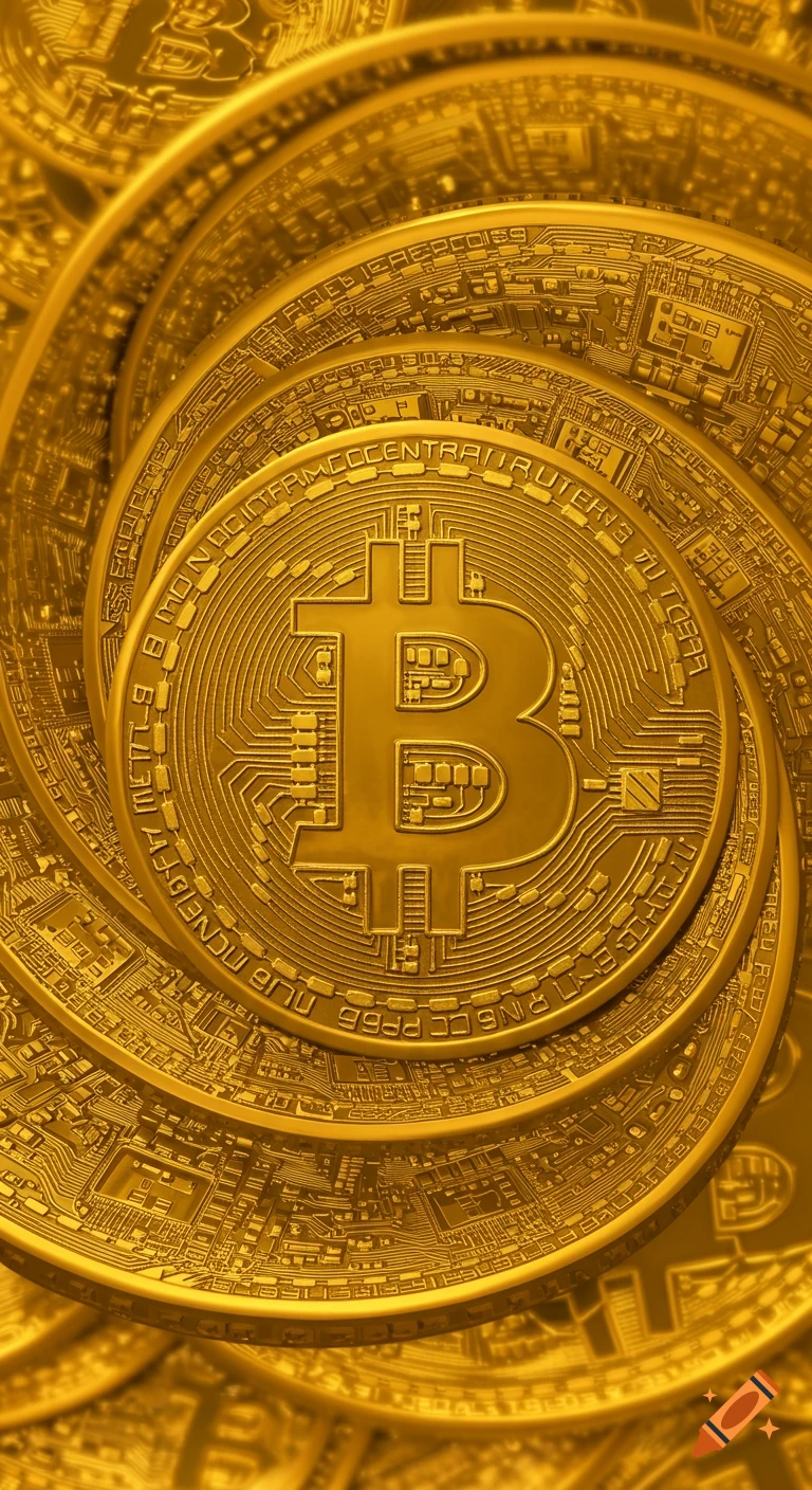 A spiral of many shiny golden Bitcoin coins, with the main coin in the center featuring the Bitcoin symbol and circuit-like patterns.