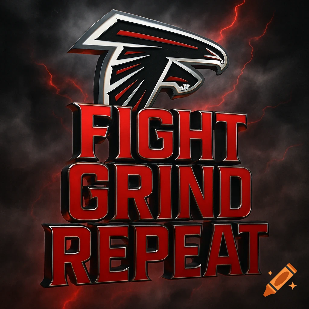 3D Atlanta Falcons logo and 'FIGHT GRIND REPEAT' text in red on a dark background with red lightning.