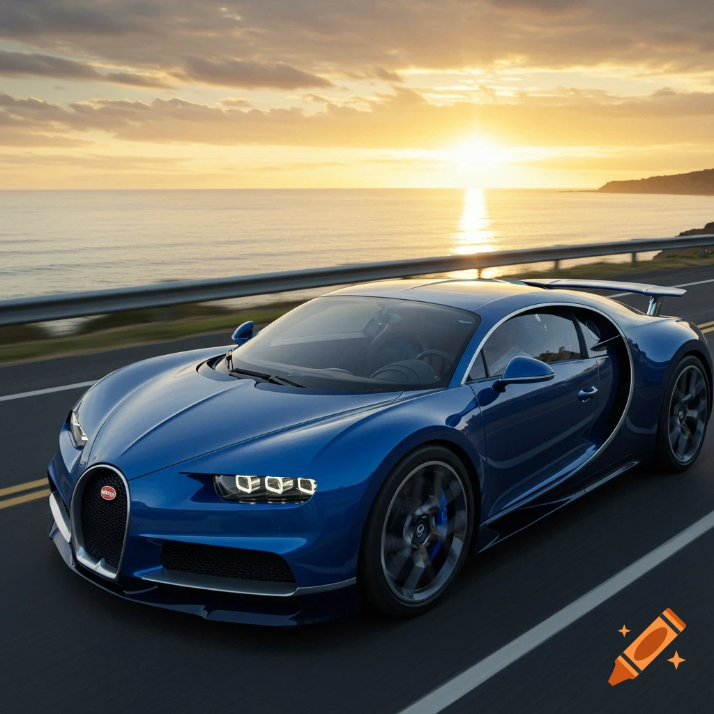 A blue Bugatti Chiron sports car drives on a coastal road at sunset, with the ocean in the background.