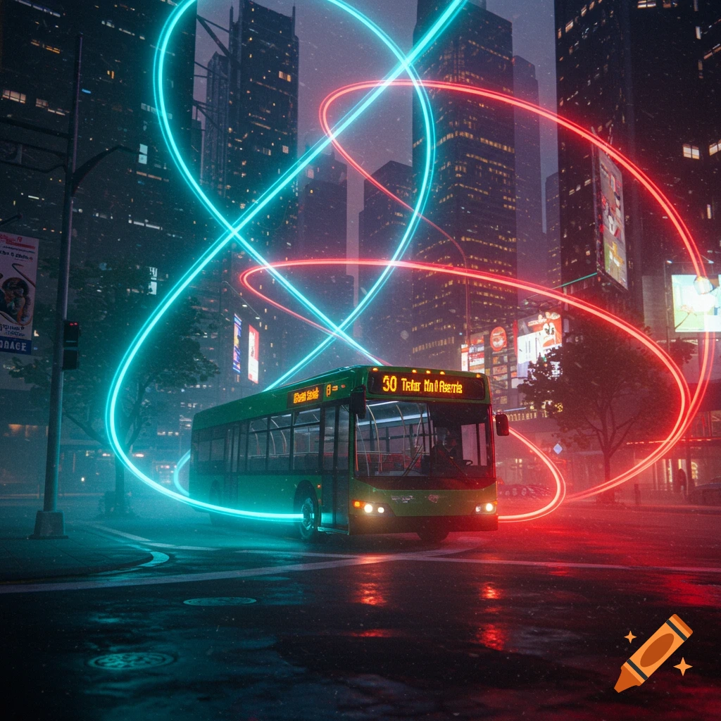 A futuristic bus with neon blue lighting and solar panels on its roof ...