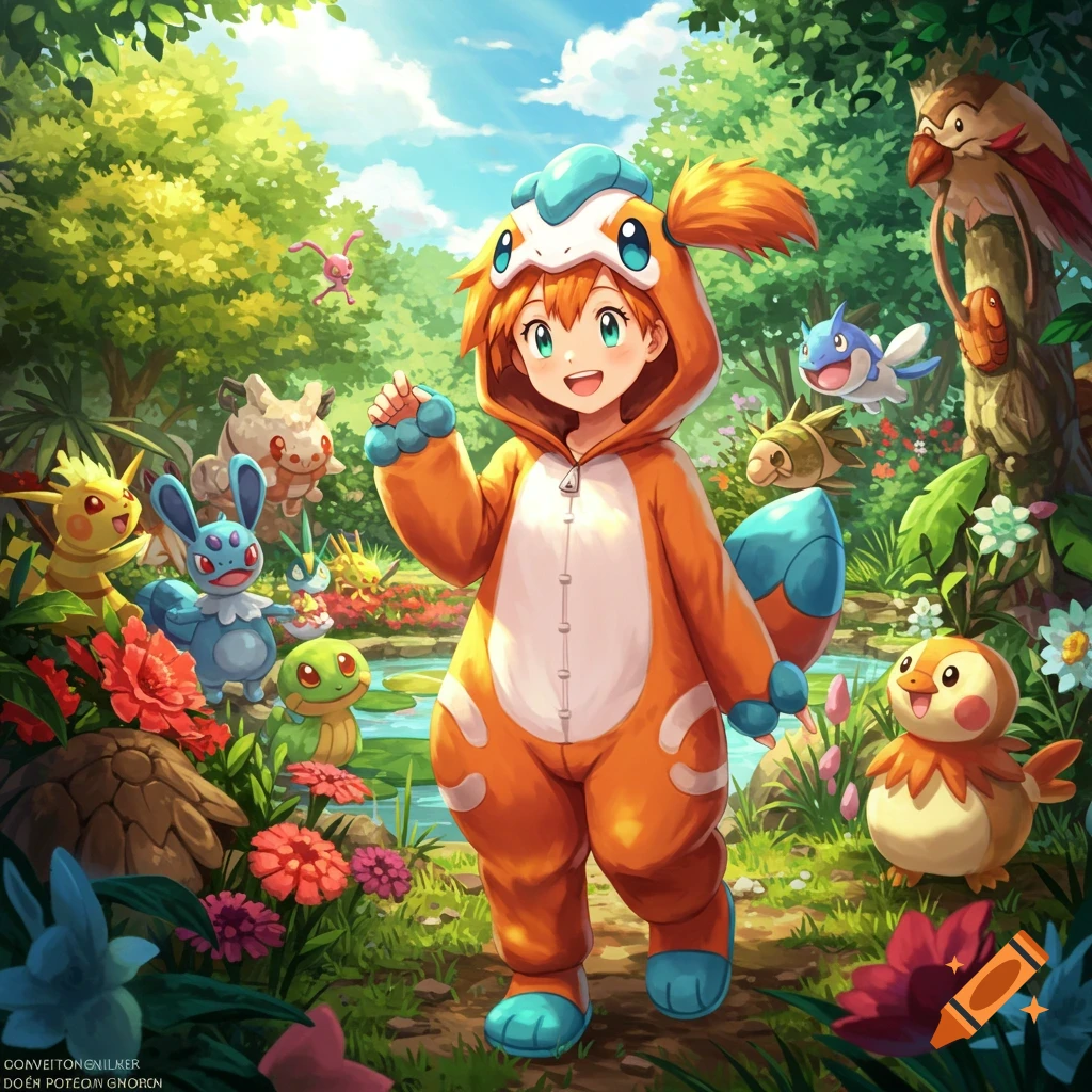 Misty in an orange Totodile kigurumi smiles in a vibrant anime forest, surrounded by Pikachu, Marill, Torchic, and other Pokemon.