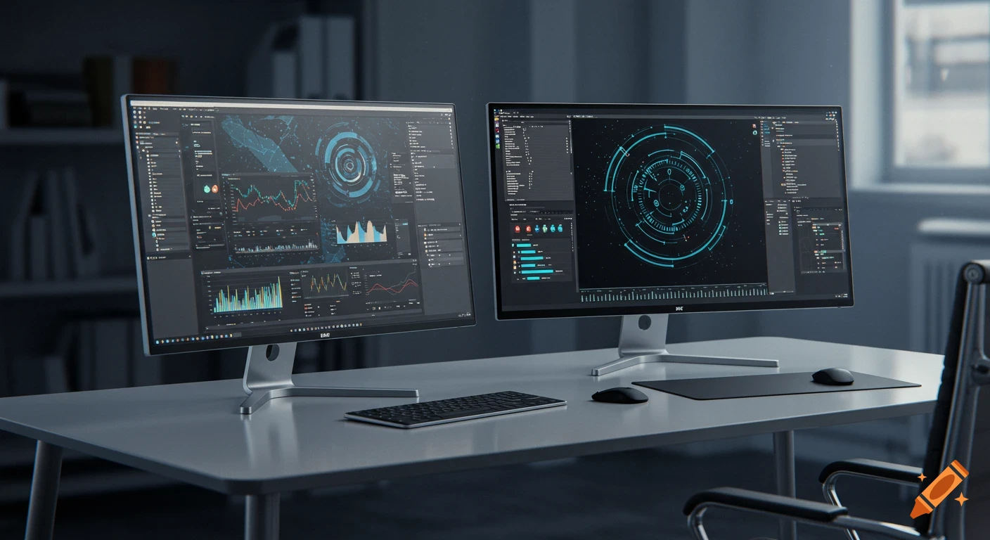 Two modern computer monitors side-by-side on a desk, displaying data visualizations in a dimly lit office.