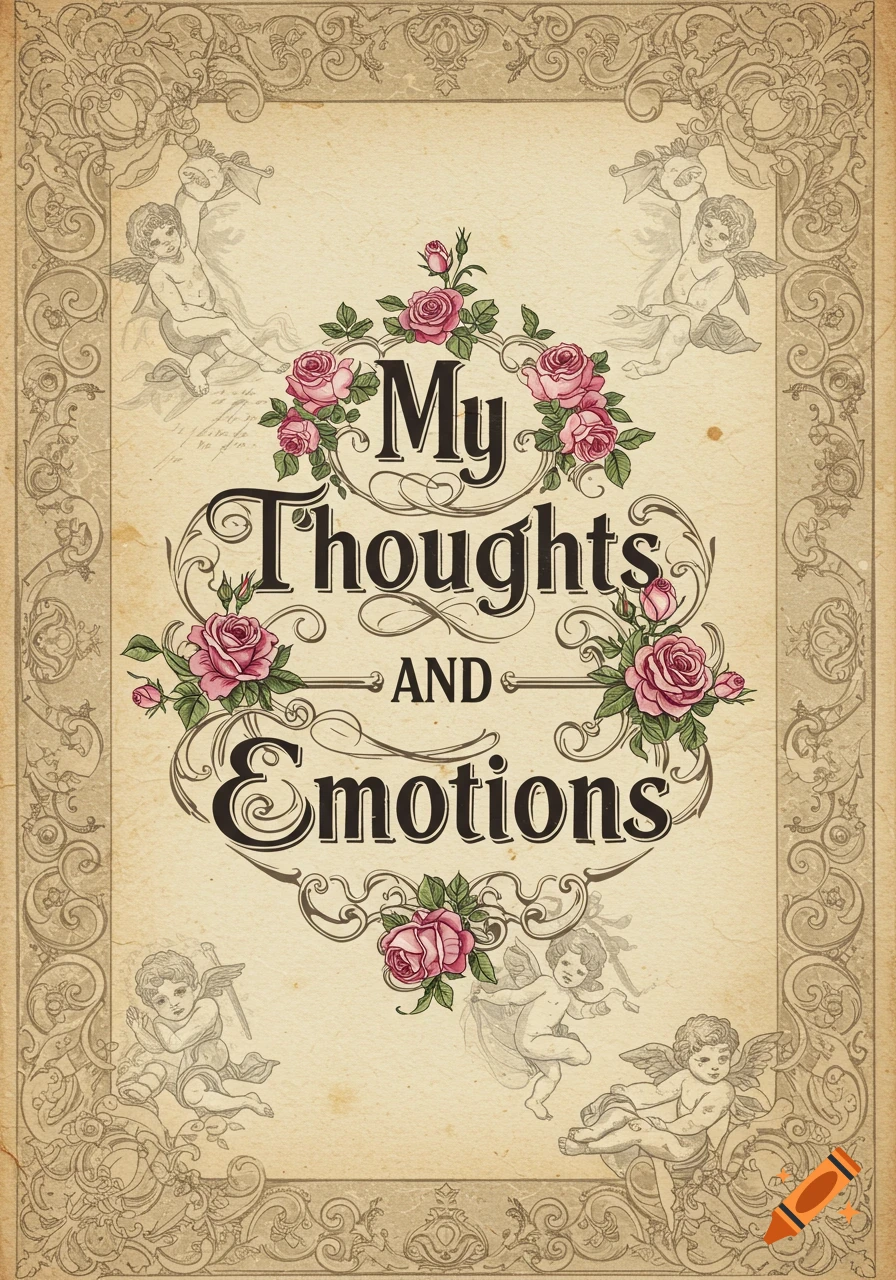 Vintage journal cover with pink roses, cherubs, and ornate borders. Text: 'My Thoughts AND Emotions'.