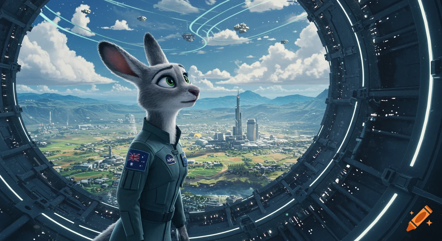 An anthropomorphic kangaroo-like creature in a futuristic flight suit stands in a space station, looking out at a city on a lush alien planet.