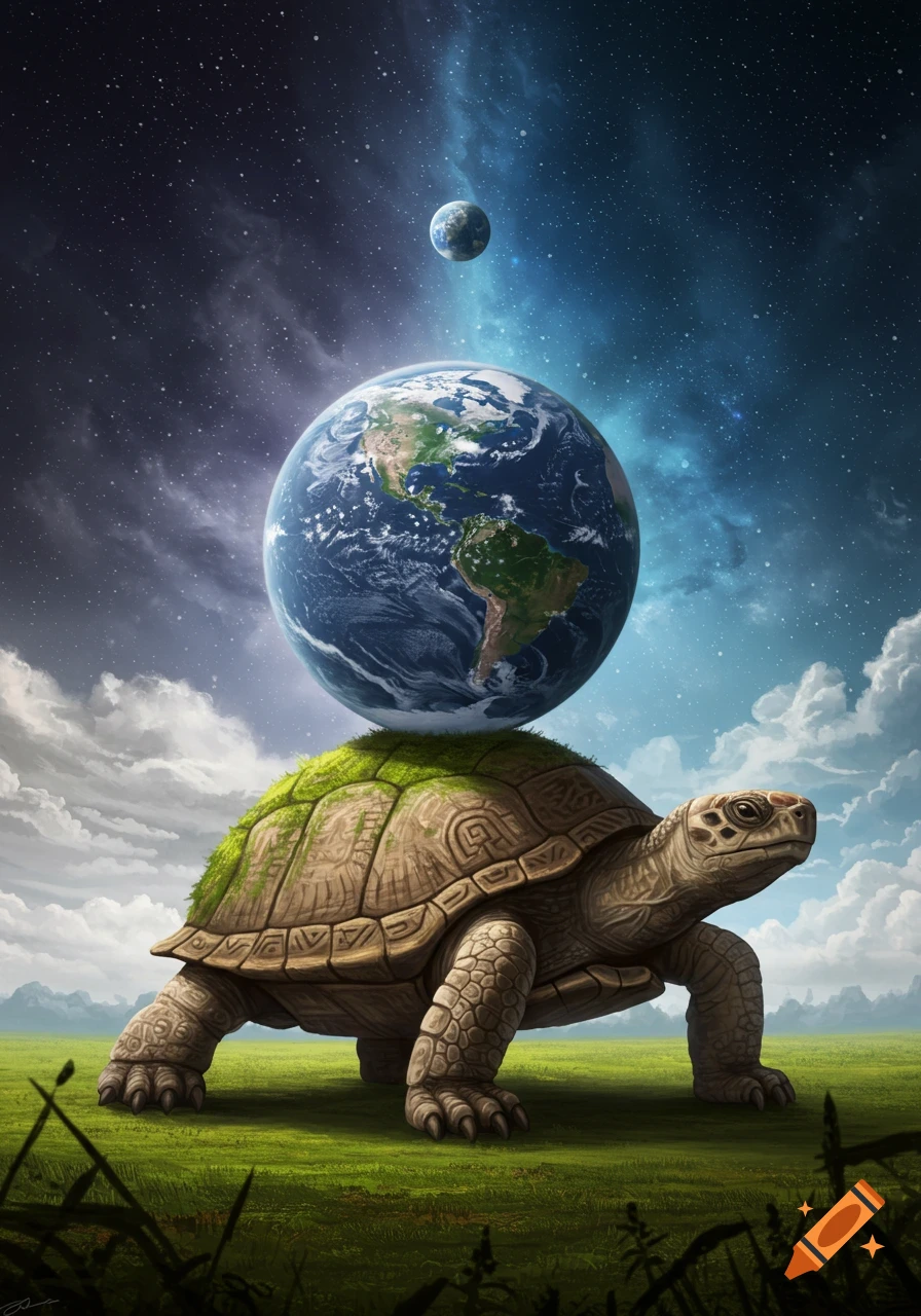A giant tortoise with a mossy shell carries the Earth on its back, under a starry sky with clouds and a distant planet.