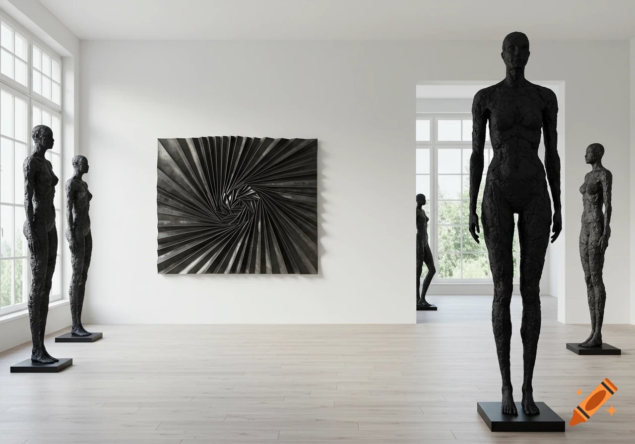 Matte black abstract human sculptures and a textured relief art piece in a bright, minimalist gallery setting.
