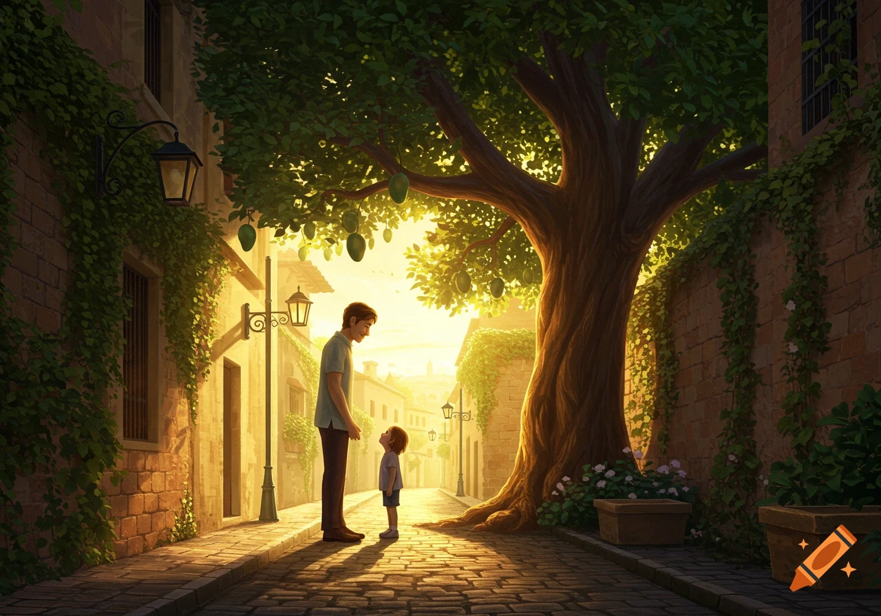 A man and child face each other in a sunlit, old-fashioned alley with brick buildings and a large leafy tree.