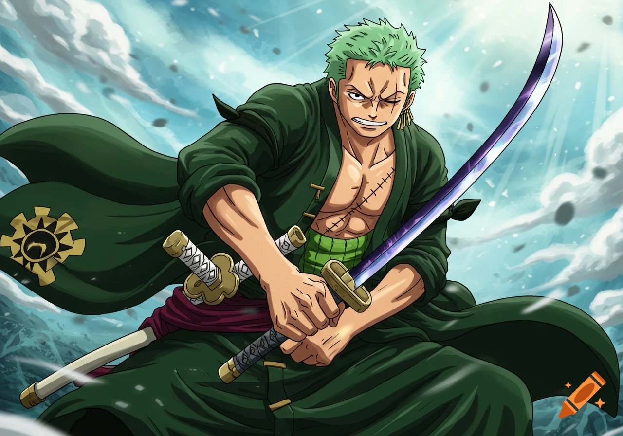 Roronoa Zoro from One Piece in anime style, holding a katana with a determined expression, wearing a green cloak.