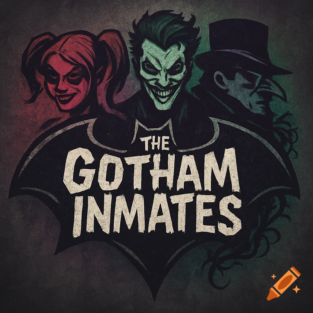 A stylized grunge wrestling logo features Harley Quinn, Joker, and Penguin above the text 'The Gotham Inmates' on a bat symbol.