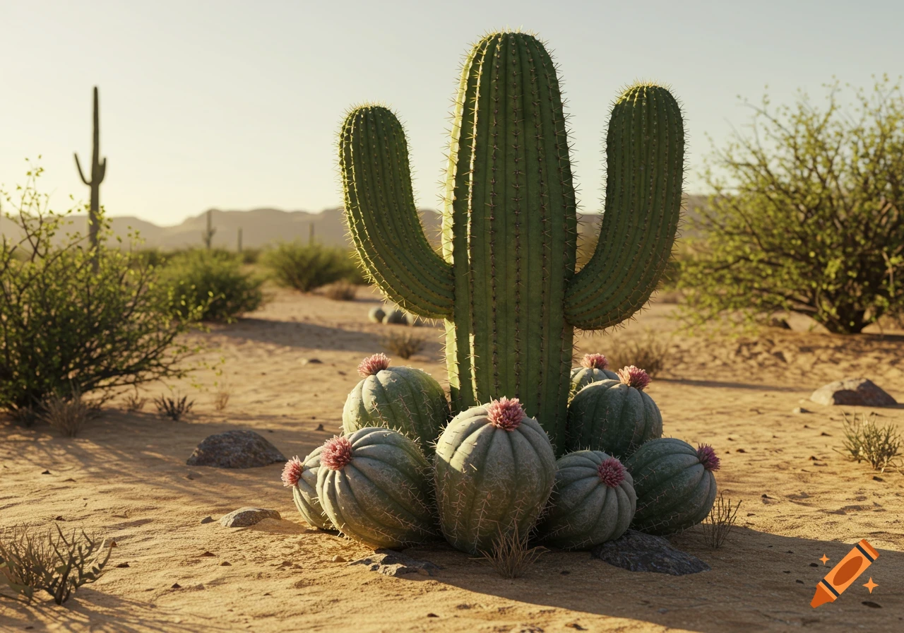 Photorealistic image of a large saguaro cactus surrounded by smaller flowering cacti in a sunlit desert landscape.