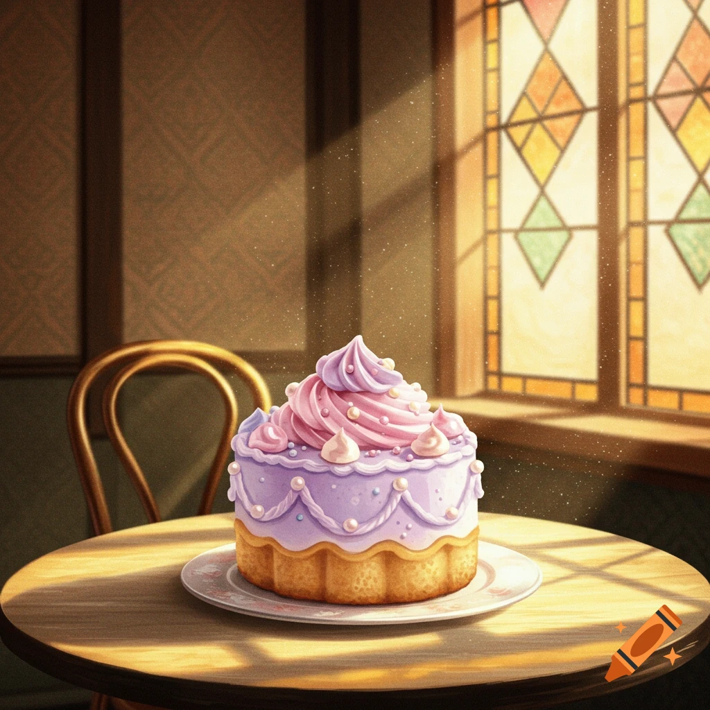A whimsical pastel cake with pink and purple frosting on a wooden table, illuminated by sunlight through a stained-glass window.