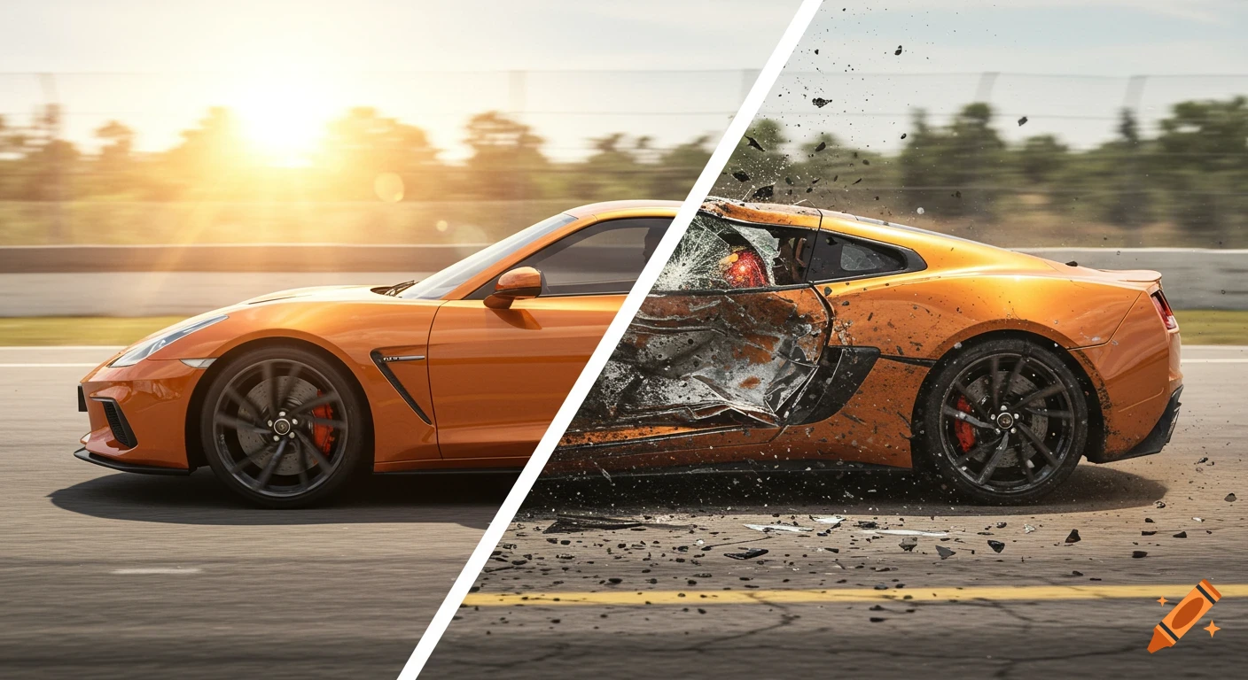 An orange sports car is split diagonally; the left side is pristine on a racetrack, and the right side is heavily wrecked with debris flying.