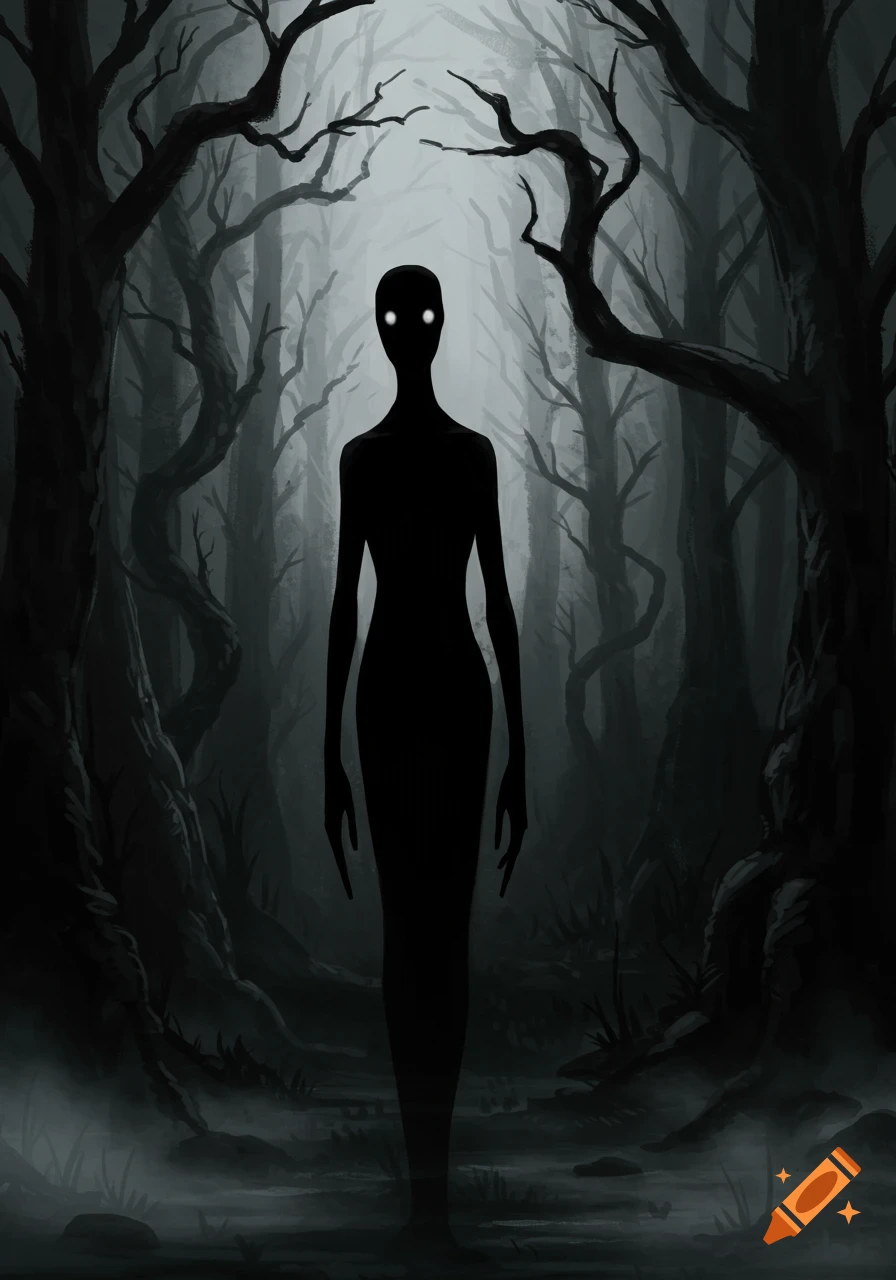 A tall, shadowy humanoid creature with glowing white eyes stands in a dark, misty forest.