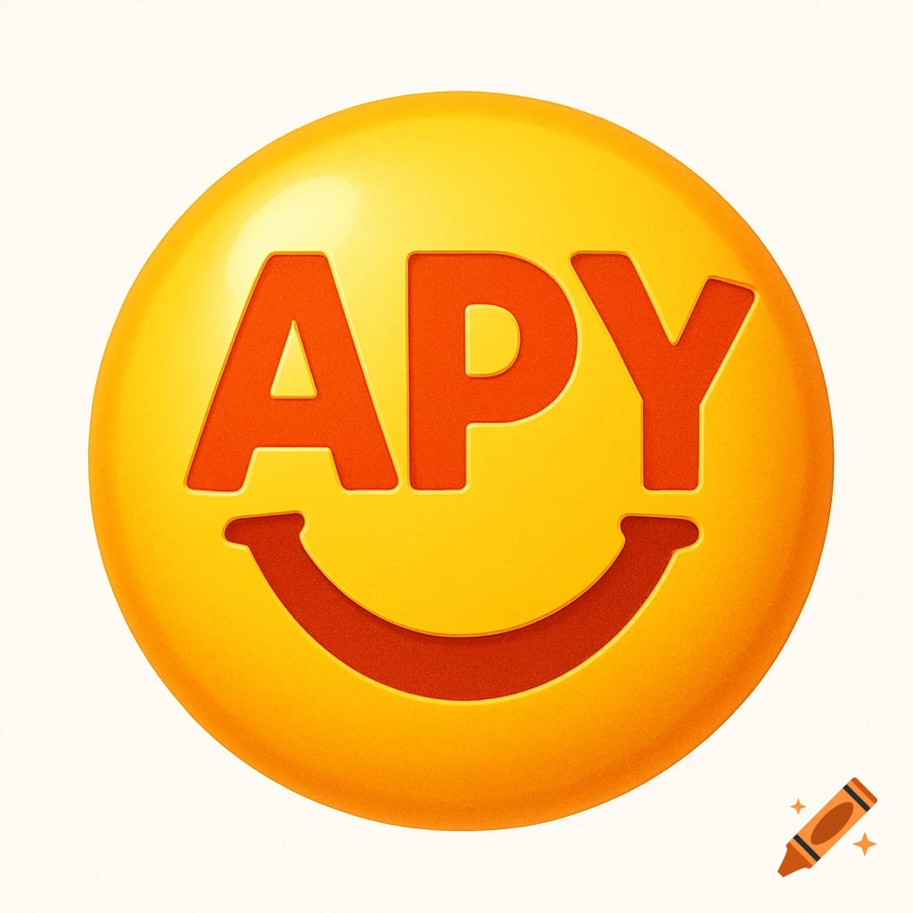 A glossy 3D yellow smiley face emoji with red letters APY on it.