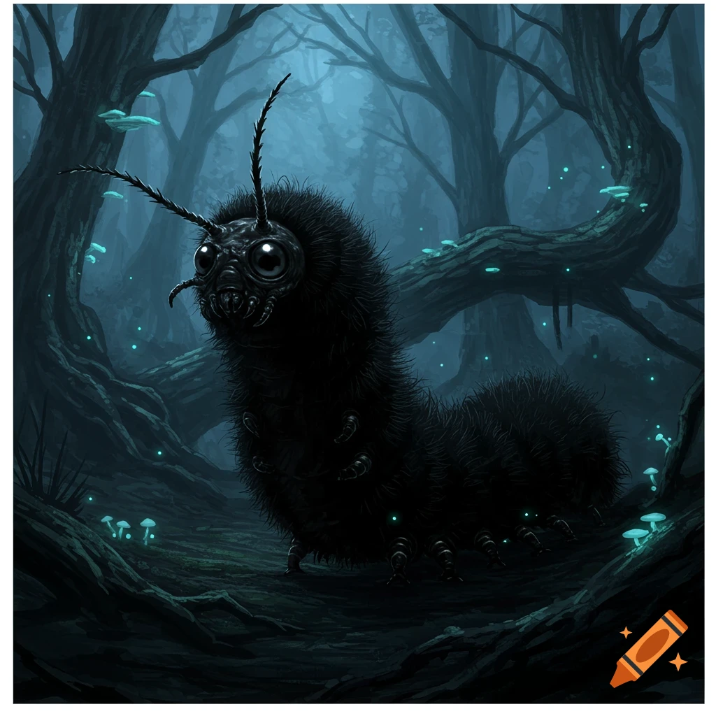 A huge, black, furry worm-like creature with large circular eyes and spiky antennas stands in a dark, misty forest with glowing blue mushrooms.