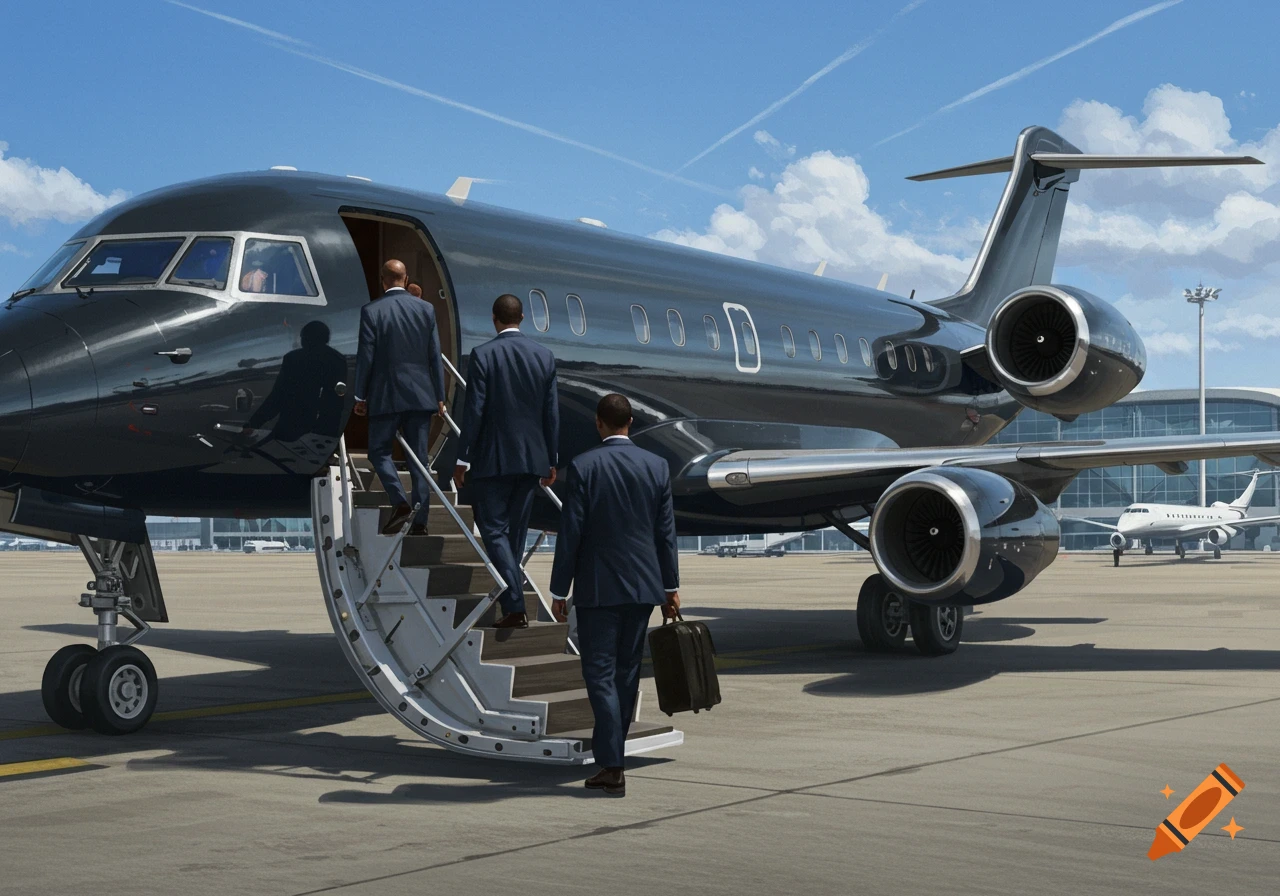 Men in suits board a sleek black private jet on an airport runway under a clear sky, in a photorealistic style.
