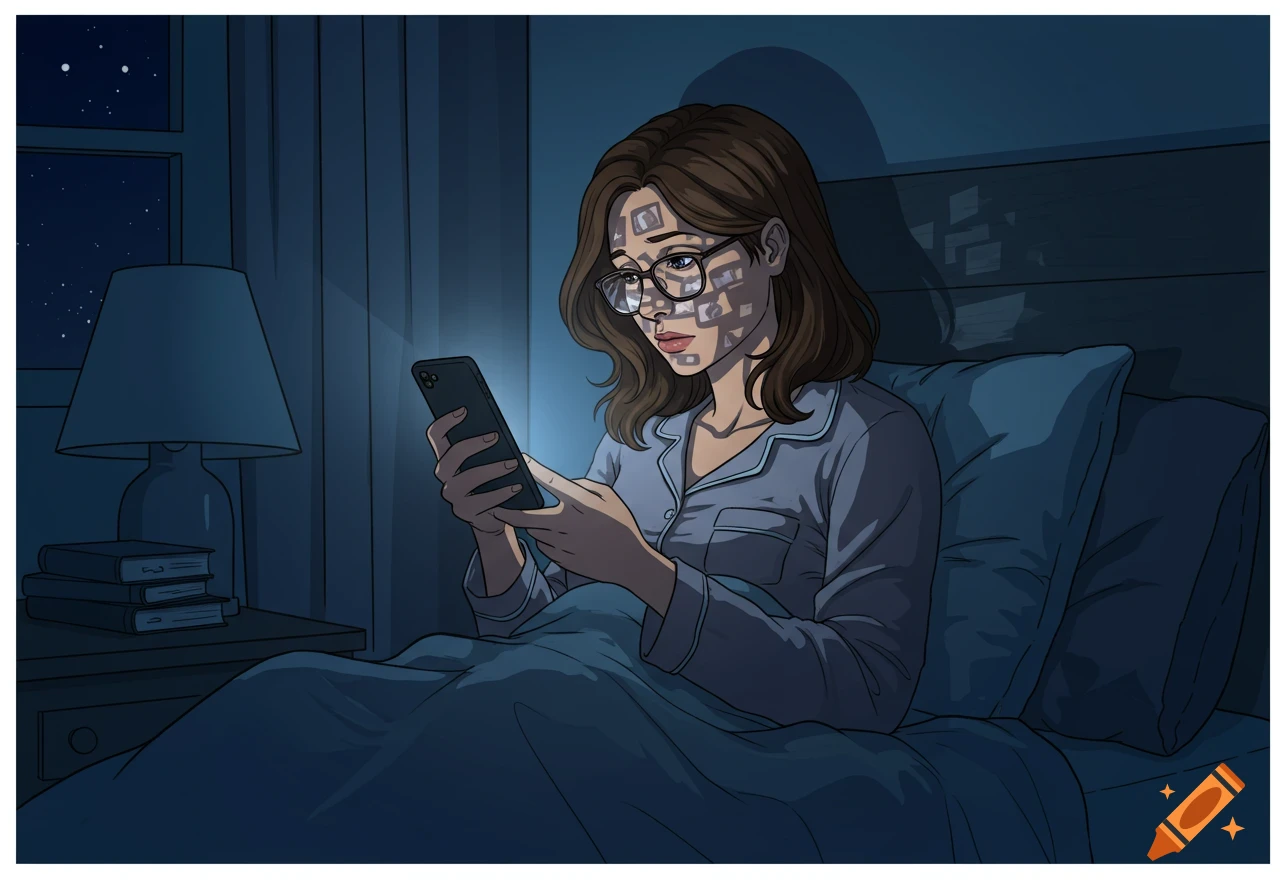 A brunette woman in pajamas sits in bed at night, scrolling on her phone, with abstract screen reflections on her face and wall. Comic style illustration.