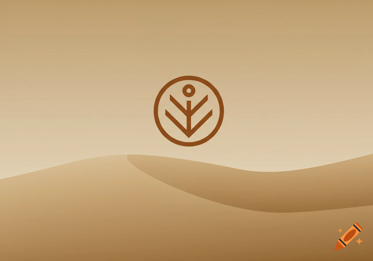 A minimalist brown logo, a stylized plant or human figure within a circle, set against a background of smooth desert dunes.