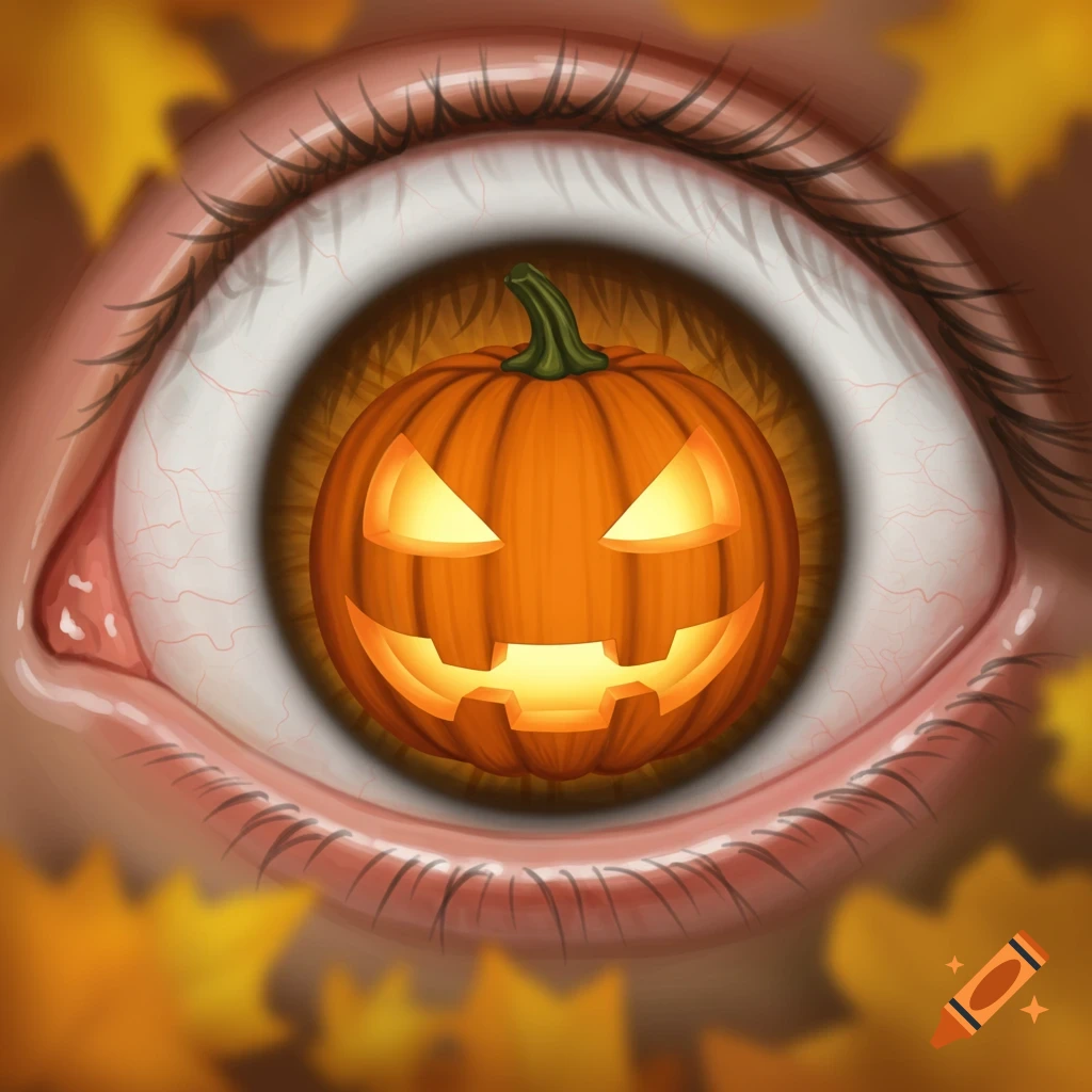 A close-up illustration of an eye with a glowing jack-o'-lantern as the pupil, surrounded by autumn leaves.