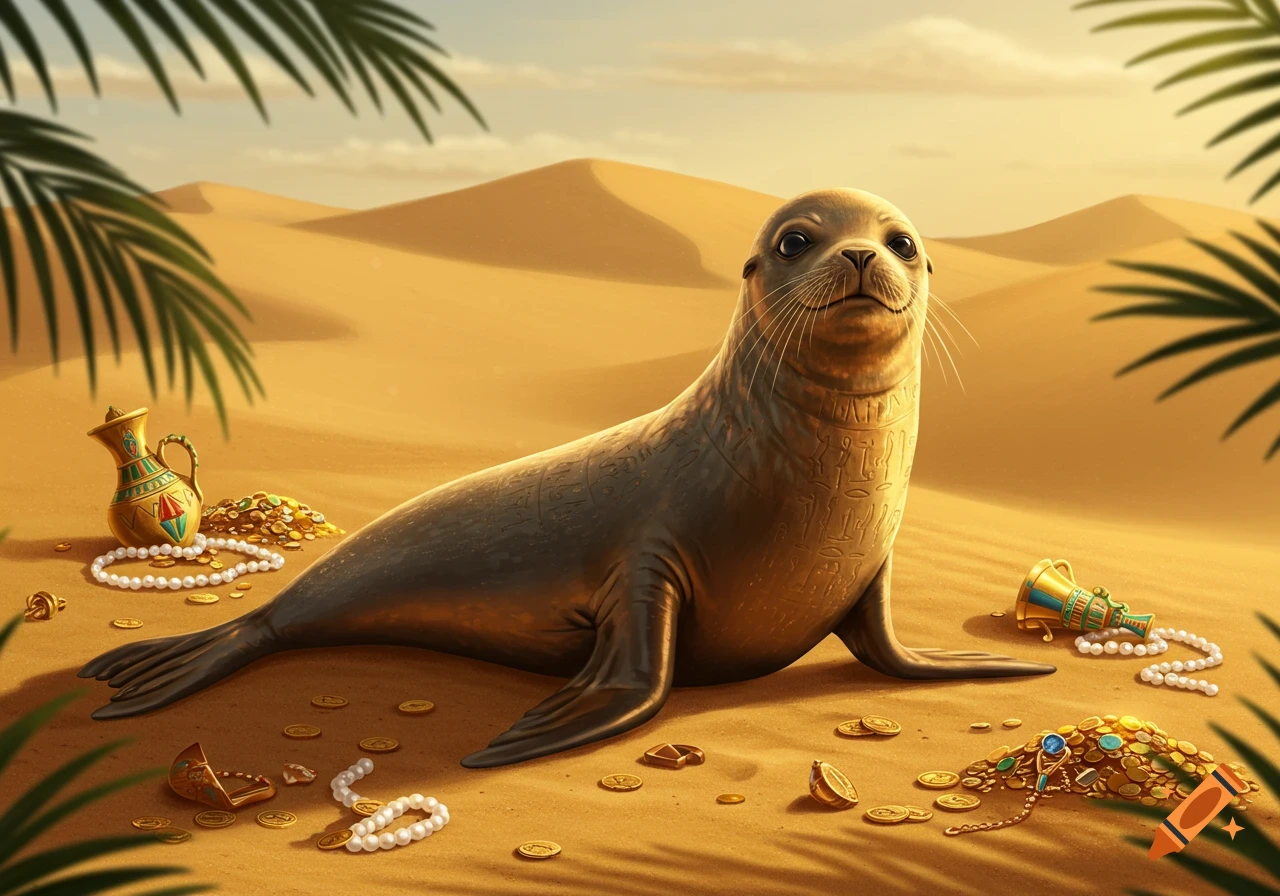 A stylized seal with ancient Egyptian hieroglyph-like patterns on its skin sits in a desert surrounded by gold coins, pearls, and ancient Egyptian artifacts.