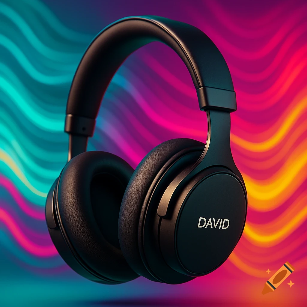 Photorealistic black wireless headphones branded 'DAVID' on a vibrant wavy background with studio lighting.
