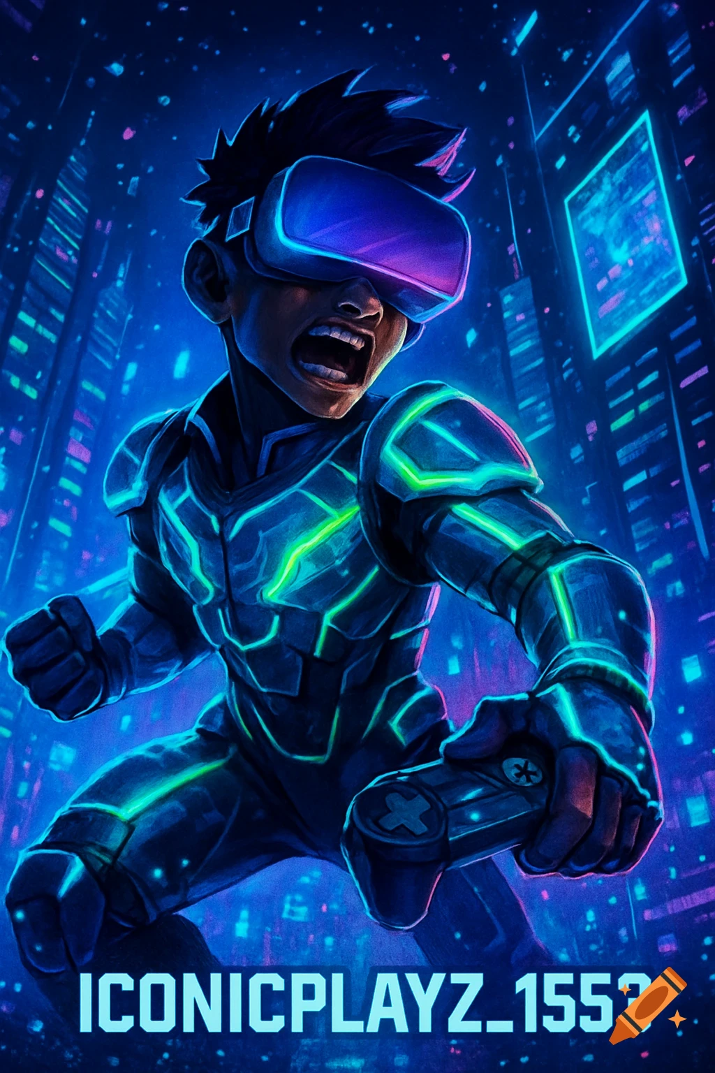 Excited gamer in VR headset and glowing suit, playing in a neon cyberpunk city. Text: ICONICPLAYZ_1553.